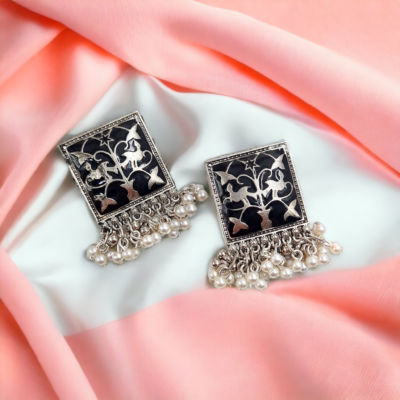 Oxidised black enamel meenakari earrings || 1 Pair